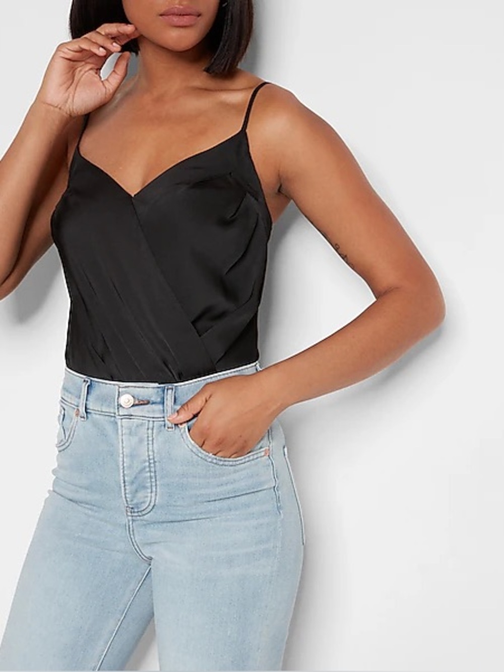 Express Satin Faux Wrap‎ Cami Thong Black Bodysuit Size Large NWT